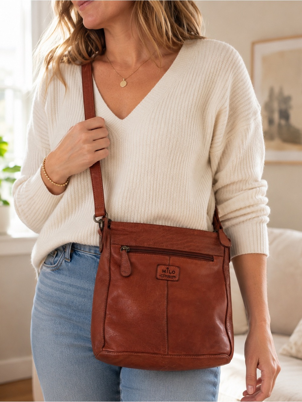 MILO Genuine Leather Crossbody Purse – Cognac Brown Canadian Leather Bag